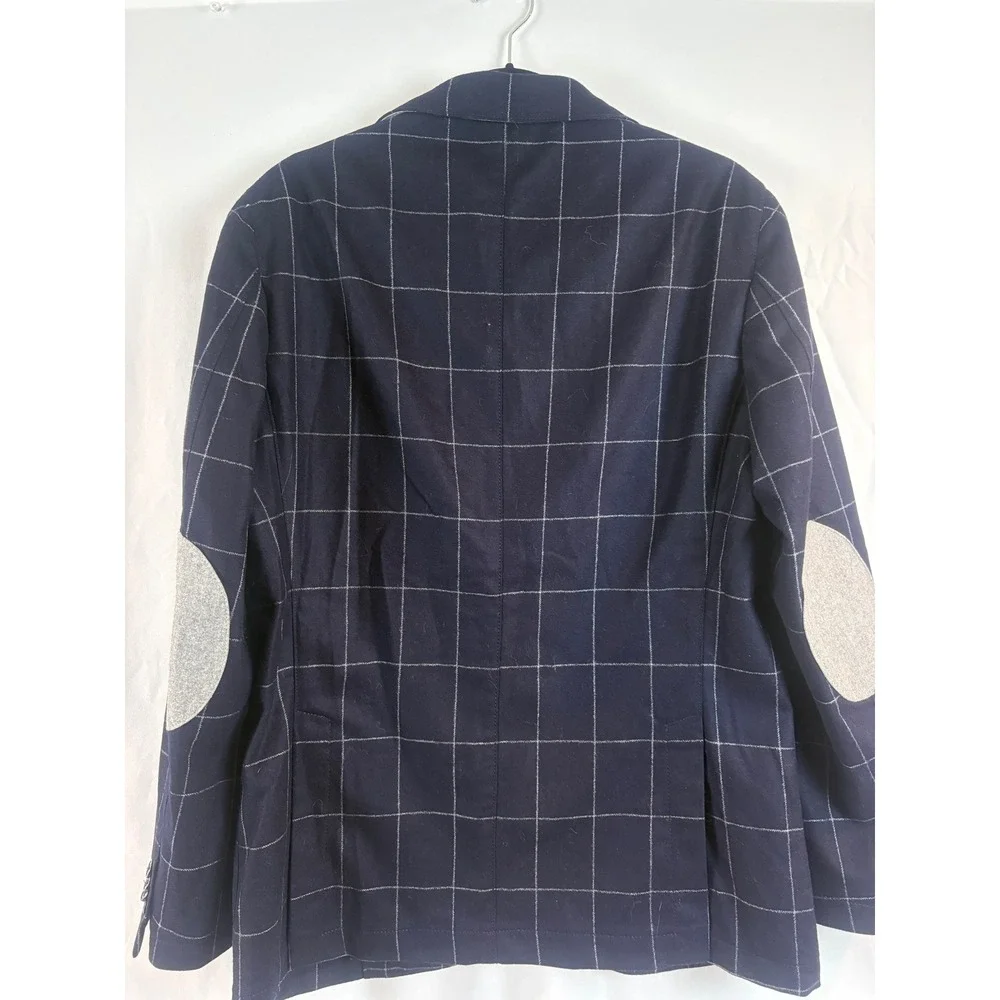 L.B.M. 1911 Italy Navy Blue Windowpane Virgin Wool Blazer Elbow Patches 52R 2892